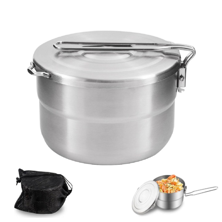 Къмпинг тенджера, Lixada, 1, 5L, неръждаема стомана, капак, сгъваема дръжка