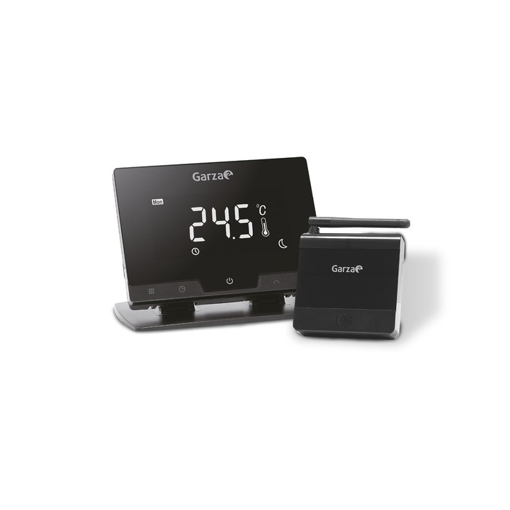 Garza, Okos Wifi vezeték nélküli termosztát kazánhoz és fűtéshez, programozható, érintőképernyő, Wifi 2.4GHz, távirányítás alkalmazáson és Alexa/Google Voice-on keresztül, fekete szín
