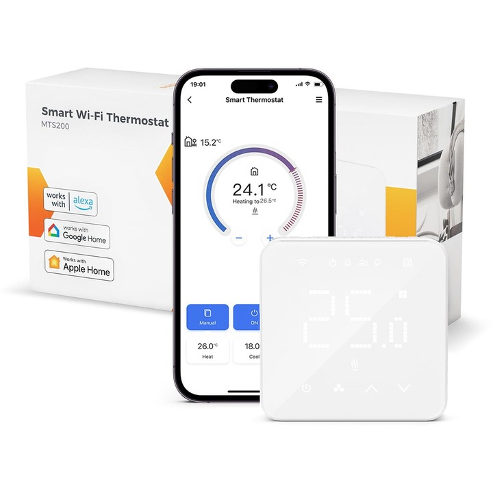 Termostat de încălzire Refoss Wifi, inteligent, control vocal, telecomandă, alb