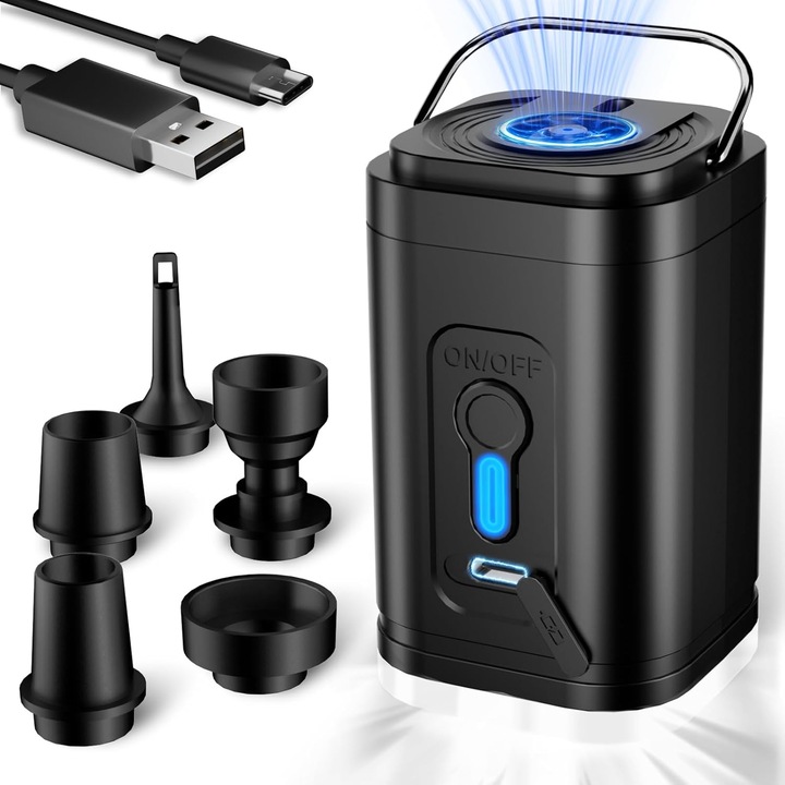 Pompa de aer electrica, 5 in 1 pentru umflat/dezumflat saltele, portabila, reincarcare USB, 1200mAh, cu 5 Duze si Lumina LED, potrivit pentru pomparea/desumflarea piscinelor, barcilor cu vasle, campingurilor si colacelor de inot, Negru