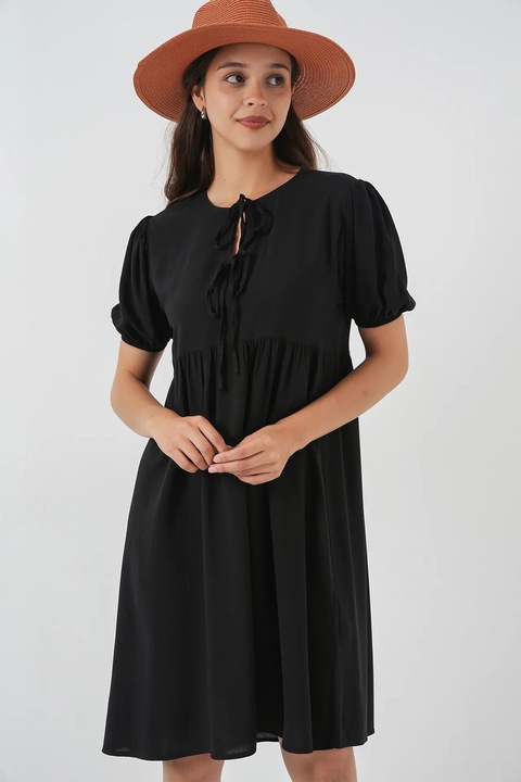 Rochie midi HiCCUP, neagra, textil, cu inchidere cu papion