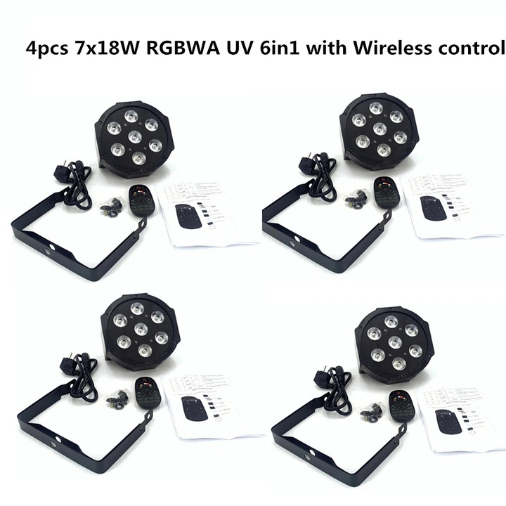 Set Echipamente de lumini, LED Wash Light, 4 buc, 7x18W, RGBWAUV, Wireless, EU