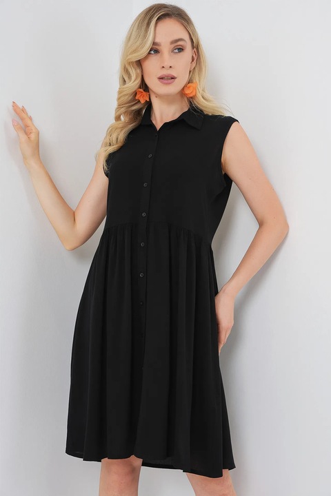 Rochie midi HiCCUP fără mâneci cu nasturi, Negru