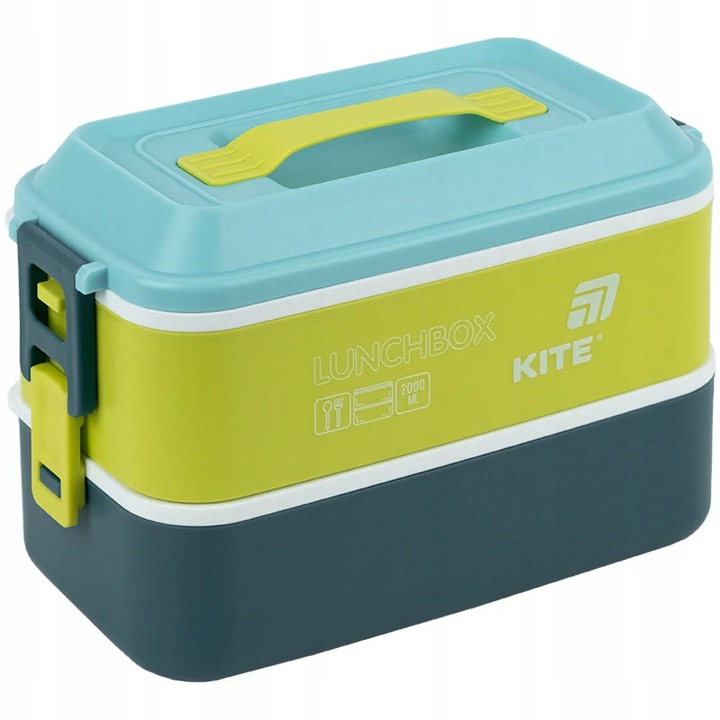 Caserola pentru pranz Kite K25-1184-2, 2000 ml, 2 compartimente, cu maner si tacamuri, mint, 20,8x11,5x14cm