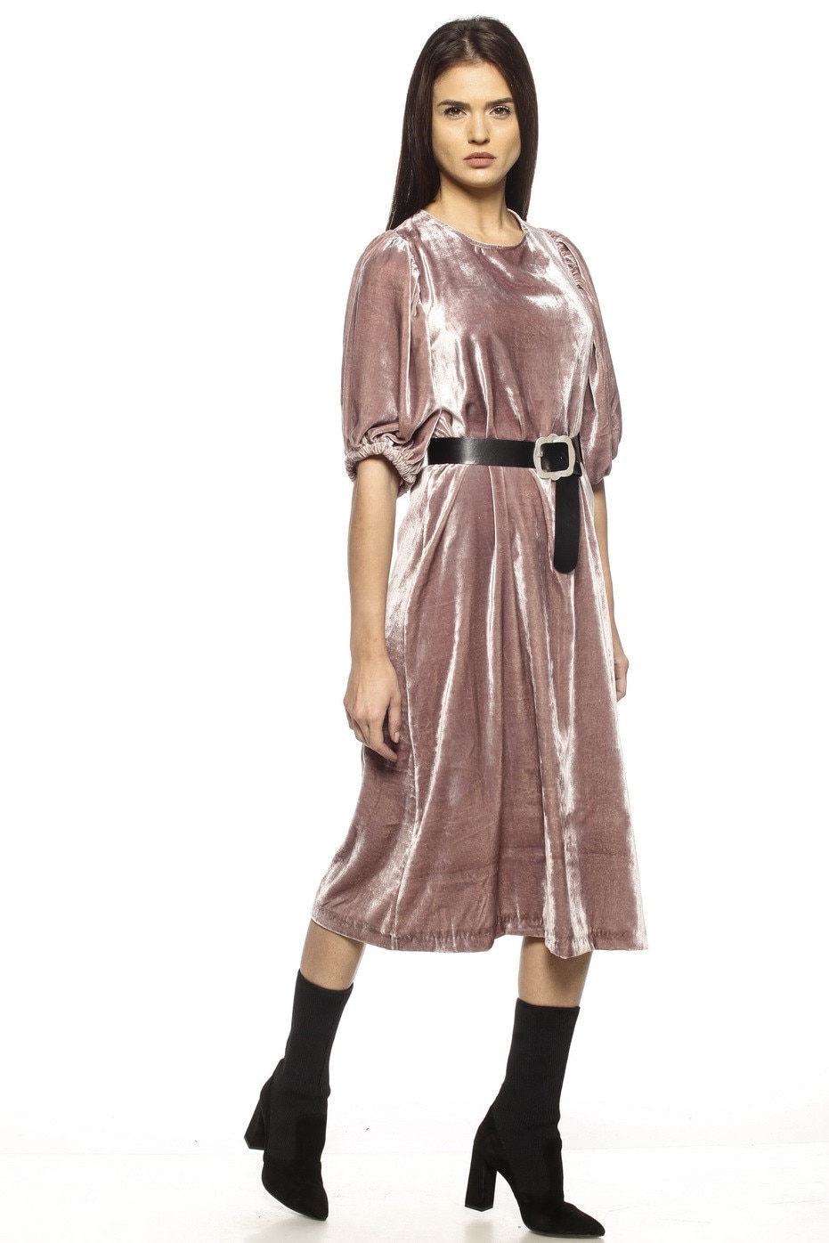 Rochie de cocktail, din catifea,cu maneci bufante, MIYU, roz pal