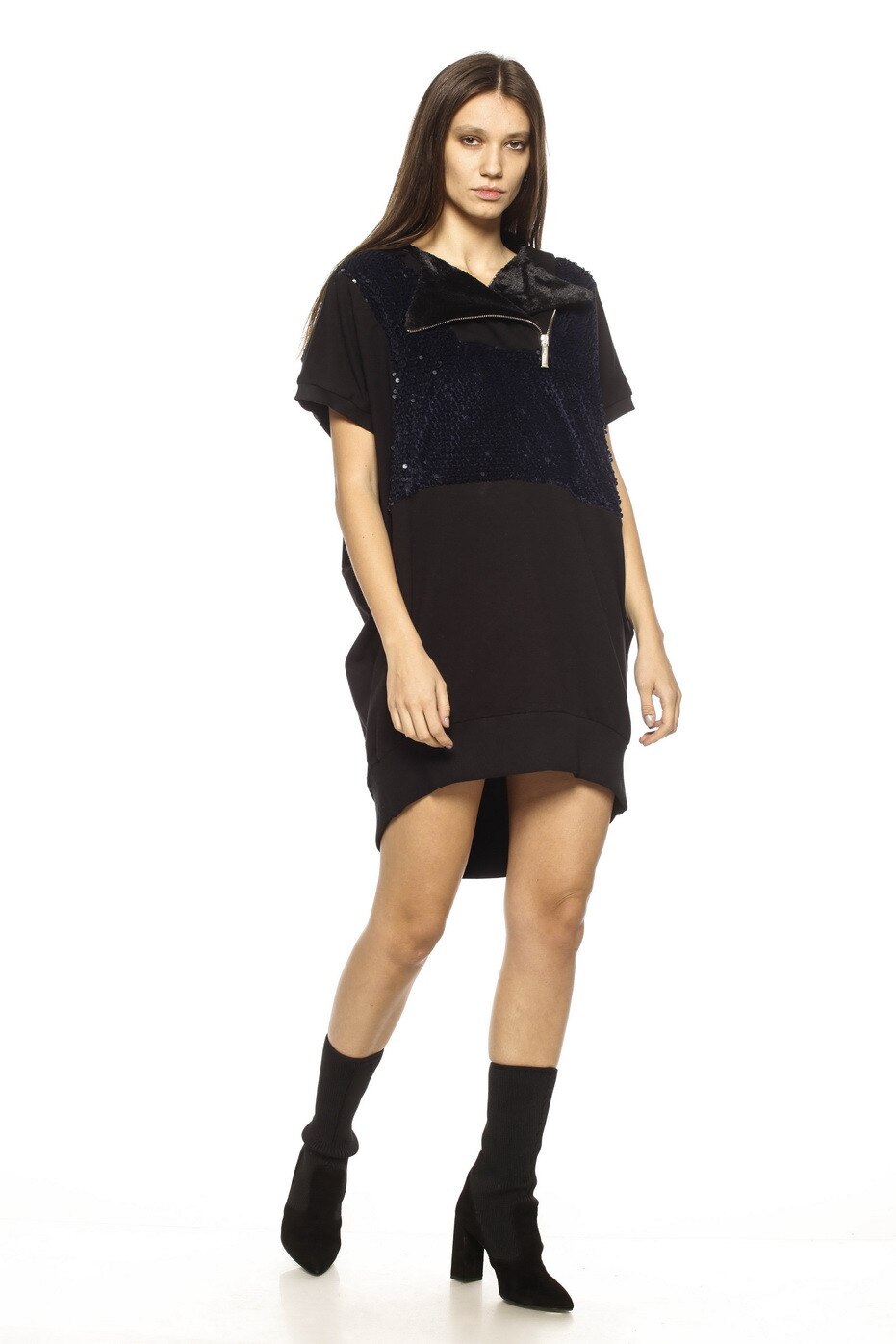 Rochie scurta tip hanorac, MIYU, neagra, Negru