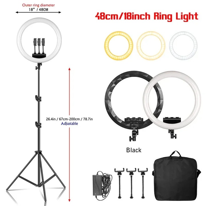 Lampa LED Ring, 200cm, ajustare luminozitate, rotire 360°, neagra