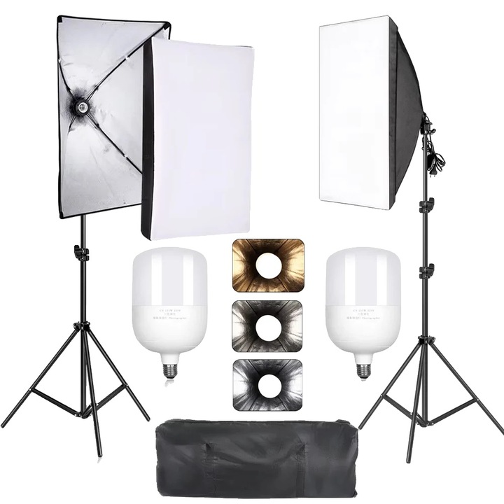 Set Softbox pentru Fotografie, 135W, 50x70cm, Tripod Reglabil, 3 Culori
