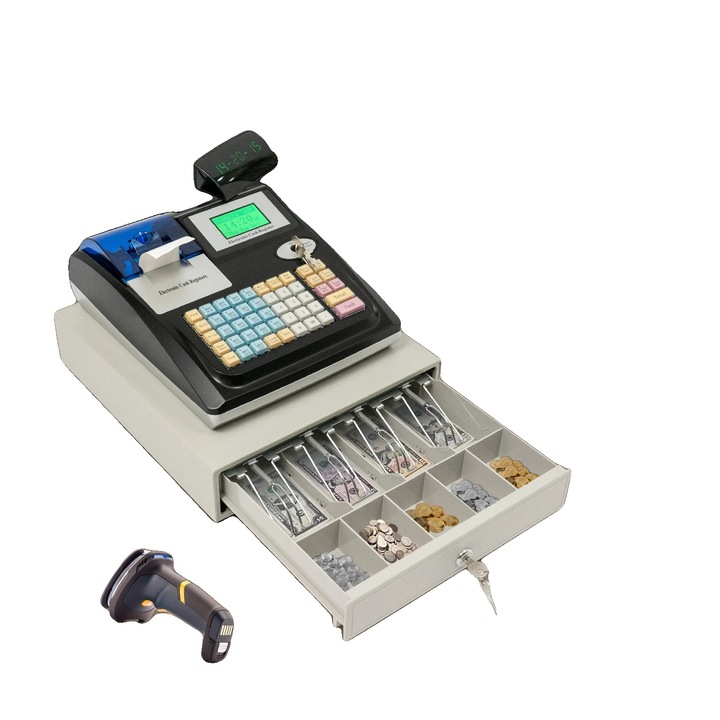 Casa de marcat electronica, design compact, display dublu, compartimente multiple pentru numerar