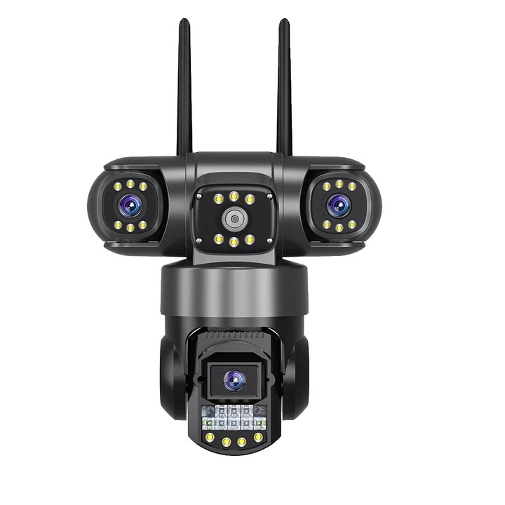 Camera de supraveghere, design cu trei lentile, capacitate de vedere nocturna, card de 128GB inclus, priza EU