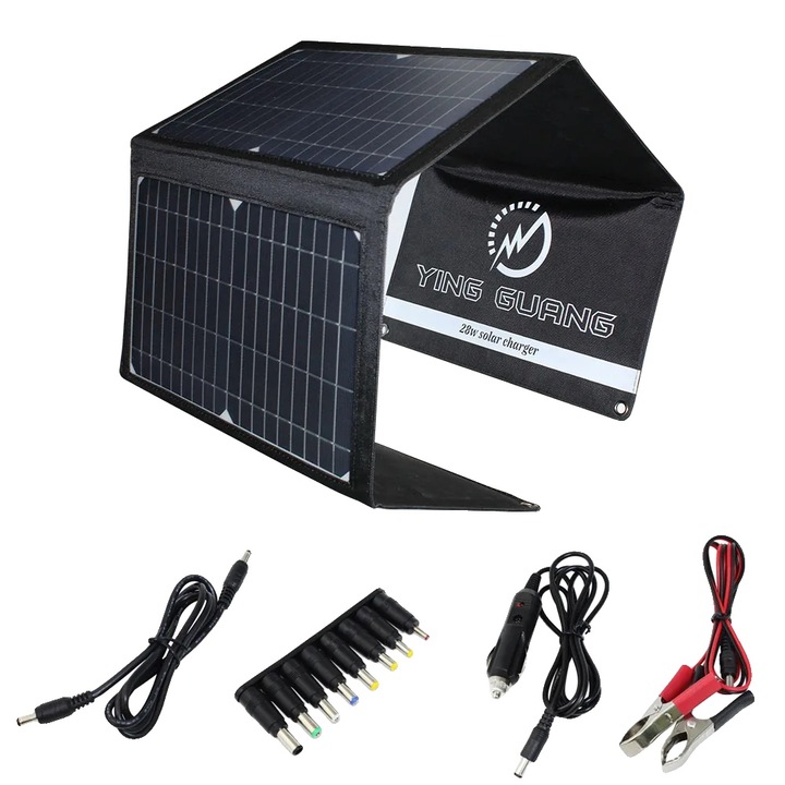 Panou solar portabil, pliabil, 28W, 4 panouri, design rezistent la apa, dimensiuni compacte