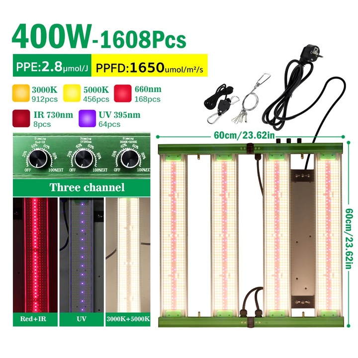 LED lámpa növénytermesztéshez, 3CH 400W, teljes spektrumú, potenciométerrel szabályozható, magas PPFD, 3 csatornán szabályozható fény, alumínium, 220 V EU csatlakozóval