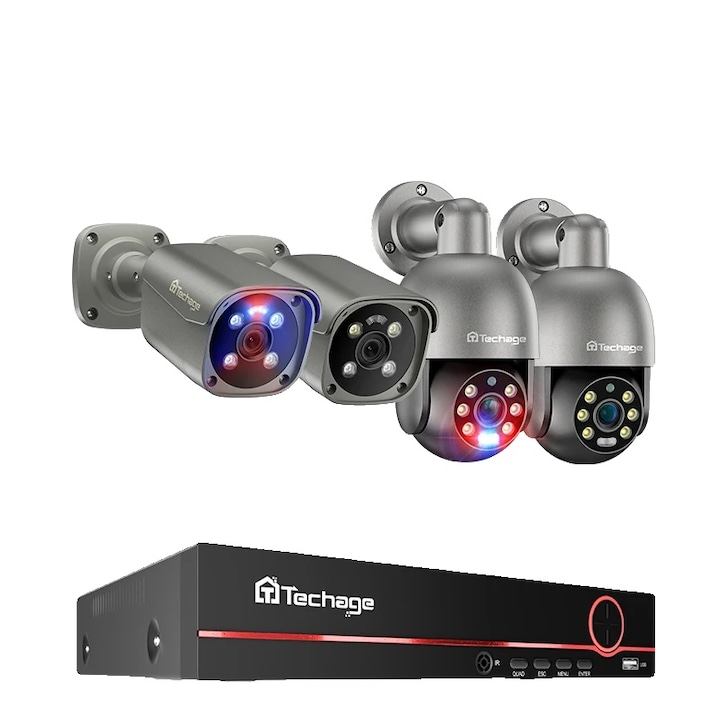 Kit Supraveghere, Techage, 8MP, 8CH NVR, 4 Camere, 3T, Nocturna, Comunicare Bidirectionala