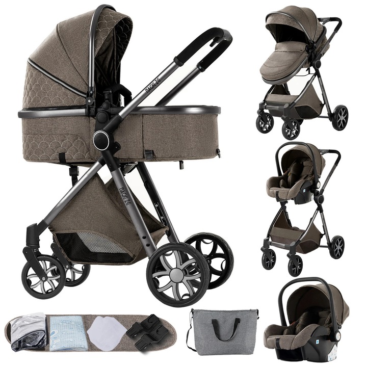 Carucior 3-in-1, roti all-terrain, design compact, culoare ciocolata, capacitate 20 kg