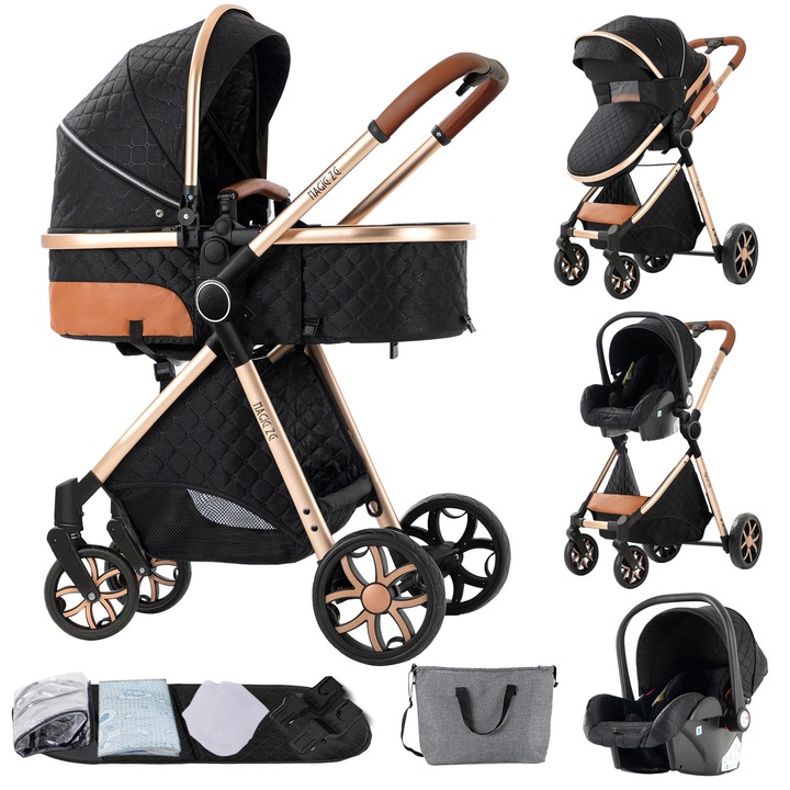 Carucior 3 in 1, roti all-terrain, negru cu aur, design pliabil, capacitate 20 kg