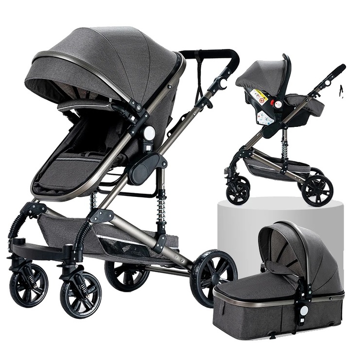Carucior pentru bebelusi, design usor, mecanism de pliere compact, gri, capacitate 20 kg