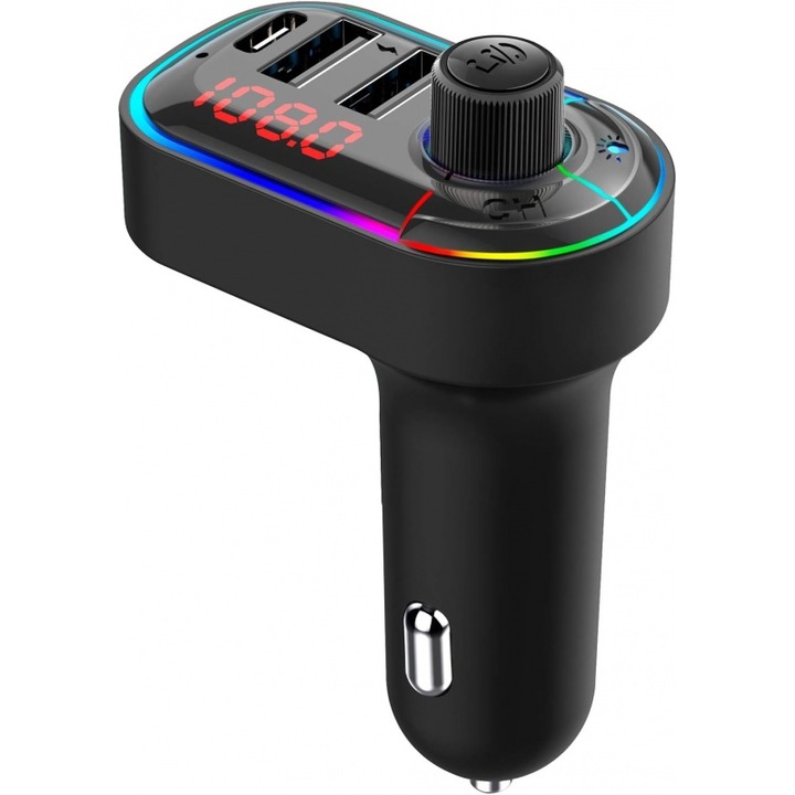 Modulator Auto FM Bluetooth 5.0, 3 Porturi Incarcare USB, Iluminare LED RGB, Compatibil 12V-24V