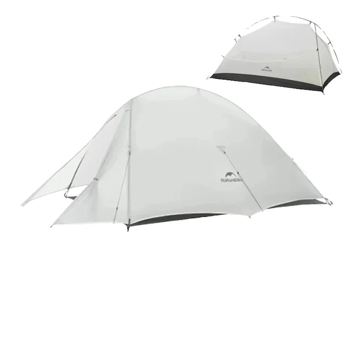 Cort camping, 20D Nylon, design impermeabil, 2 persoane, gri, ultrausor