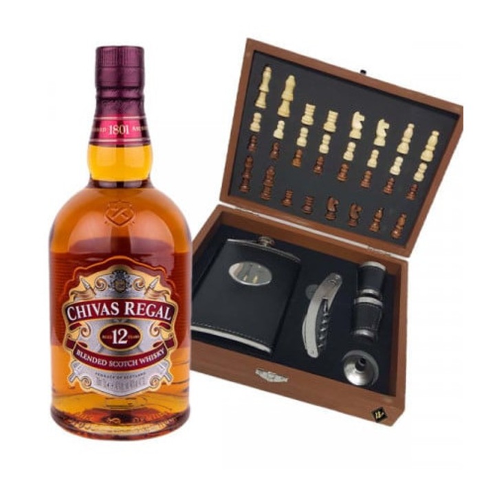 Set cadou pentru barbati VLV, cutie in forma de sah, Whisky Chivas Regal 700ml, Velve