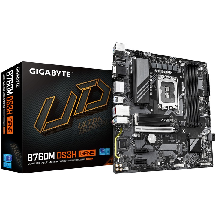 Дънна платка Gigabyte B760M DS3H GEN5, Socket 1700, DDR5, mATX, Черна