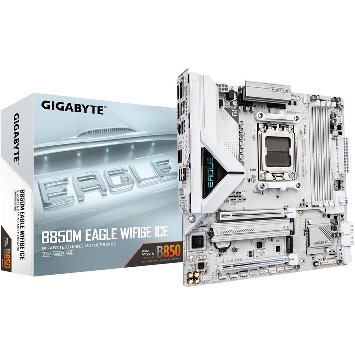 Дънна платка Gigabyte B850M EAGLE WIFI6E ICE, AM5, DDR5, BT, WI-FI, mATX, Бял