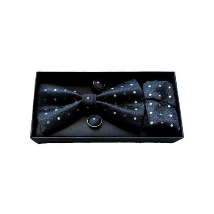 Set 3 piese Elegant, pentru barbati, papion, butoni si batista din stofa, negru cu buline albe, Velve
