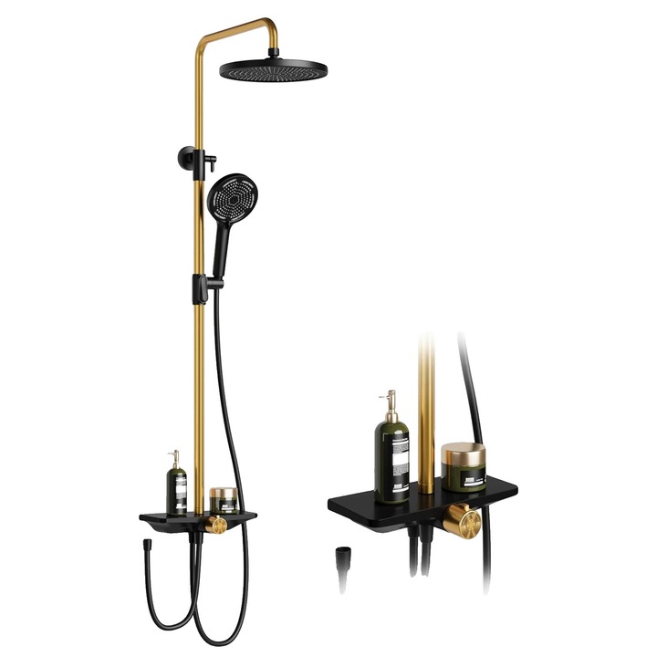 Coloana de dus, sistem de dus montat pe perete, cap de dus ajustabil, negru auriu