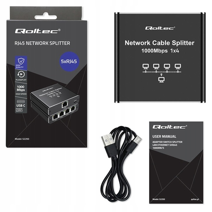 Splitter Ethernet Mini Switch Qoltec 52293 Gigabit 1000Mb/s, 1 Intrare ...