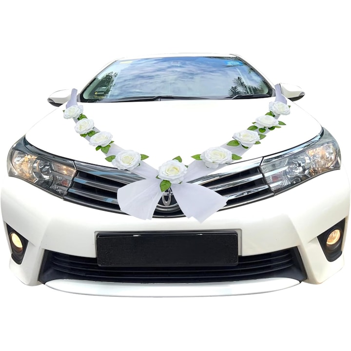 Set decoratiuni masini nunta Scettar, 9 flori artificiale albe, 3, 2m, inodor