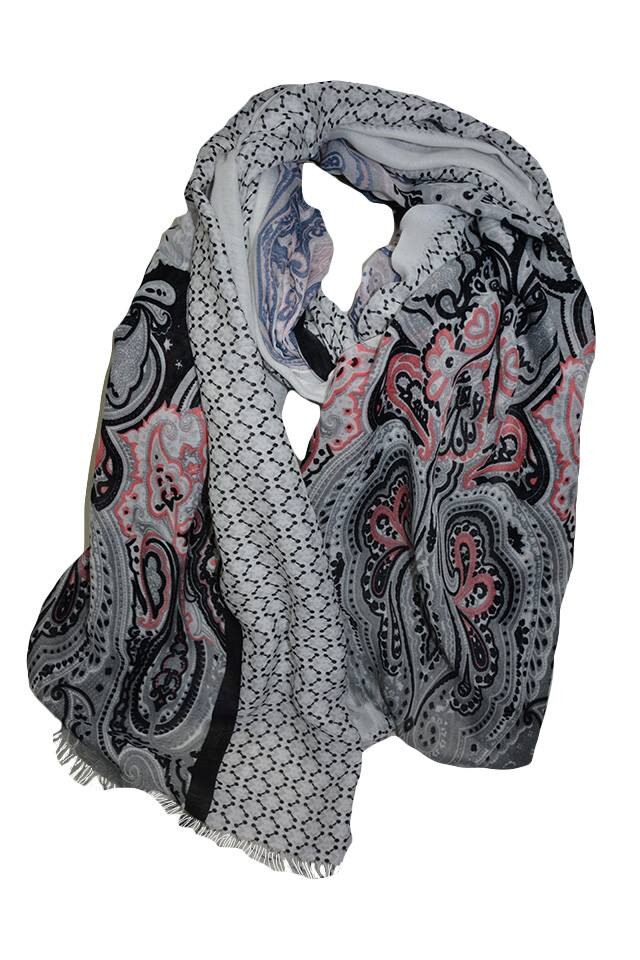 Esarfa cu imprimeu paisley pe mijloc si buline pe laterale,D&J Exclusive,Alb