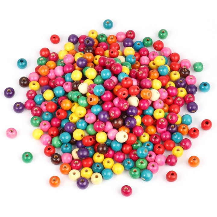 Set 400 Margele din Lemn, Diametru 8mm, Multicolor, pentru Artizanat si Decoratiuni