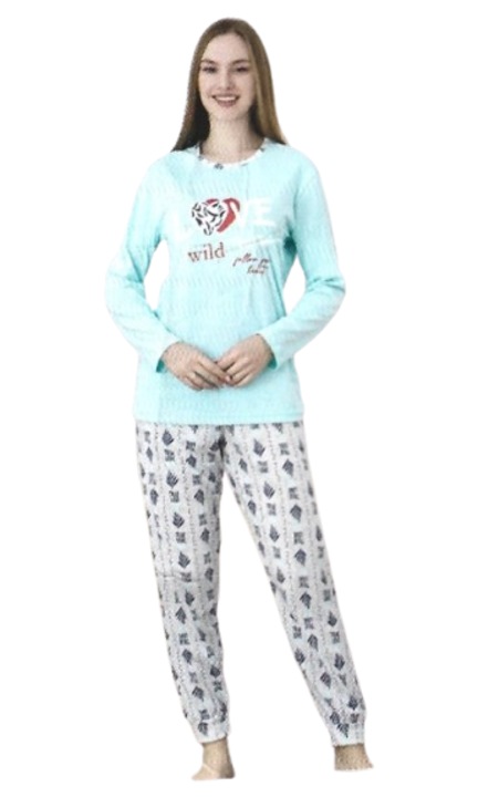 Пижама с кръгло деколте, в основата на врата, Светлосиня, щампа Love Wild, 2XL, Разнороден