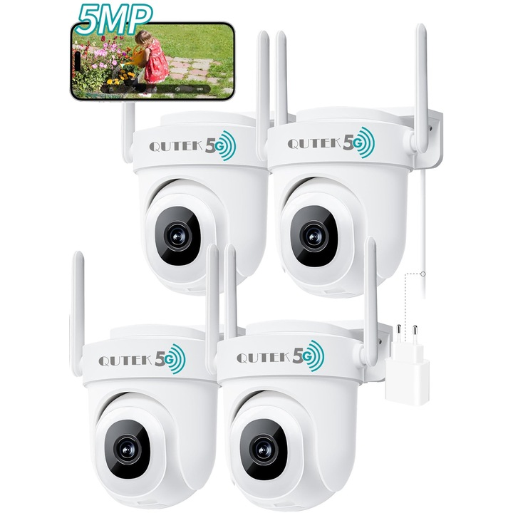 Név: Szett 4 kültéri/beltéri okos megfigyelő kamera, 5MP, 360°-ban forgatható, zoom, mozgás- és személyérzékelés & követés, állatok, autók, hangos riasztás, Starlight & infravörös színes éjszakai látás, kétsávos Wi-Fi 2.4GHz & 5GHz