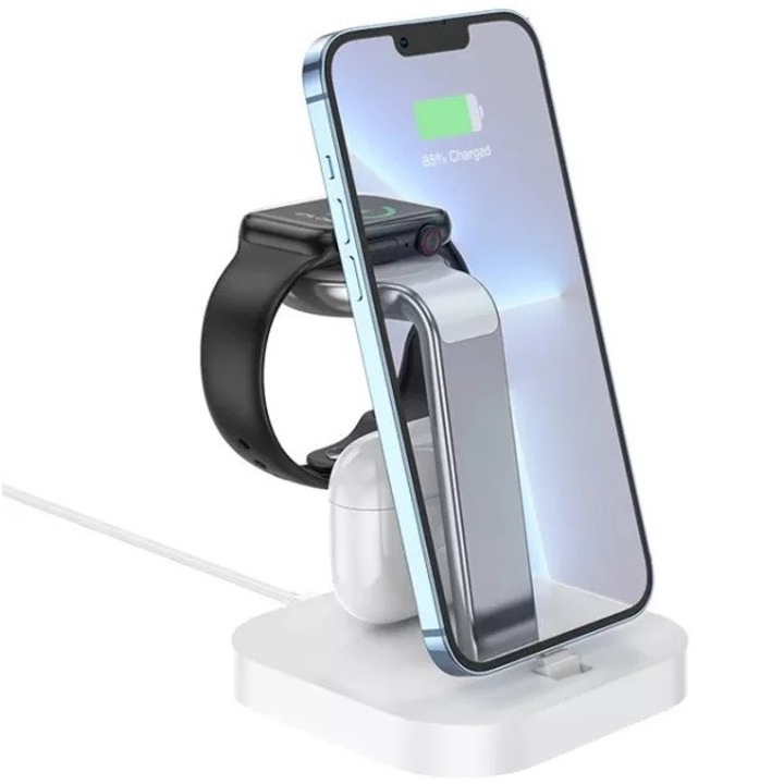 Stație de încărcare universală 3în1, 1 x Qi Wireless, 2 x Lightning, 10.5W, suport de birou, Hoco CW43, alb