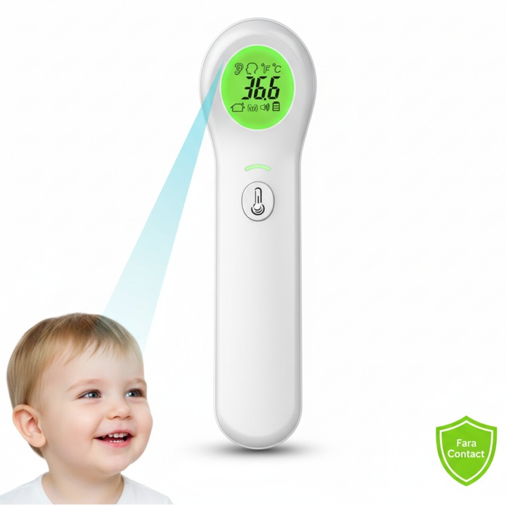 Termometru digital infrarosu fara contact frunte si ureche, afisaj LCD tricolor, memorie 20 masuratori, alarma febra, mod silentios/vocal, precizie medicala – ideal pentru bebelusi, copii si adulti, Alb, A ATAB
