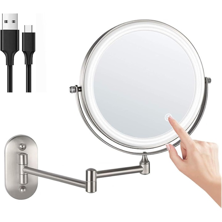 Oglinda de Machiaj cu LED Montabila pe Perete, Buyya®, Brat Reglabil 360°, 3 Culori Lumina, 2 Fete (1X/10X), 8 Inch, Cablu USB Inclus, Argintiu