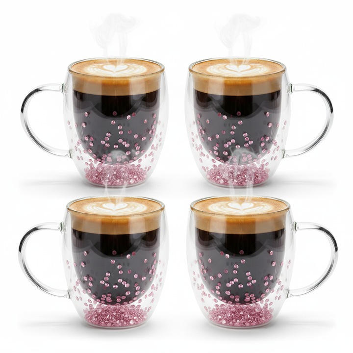 Set 4 cani pentru Ceai si Cafea din Sticla Termorezistenta Aurov®, cu Cristale Roz, Pereti dubli, 350 ml, Transparenta