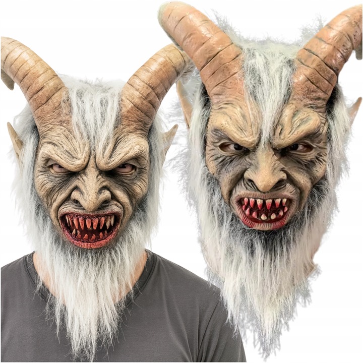 Латексова маска, Корби, Крампус, Дявол, Демон, Луцифер с рога, 40x26 см, Реалистичен вид – Маска, изработена от висококачествен латекс с внимание към детайла, Ефектни рога, Универсален размер, Разнообразна употреба, Многоцветна
