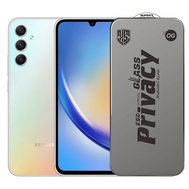 Folie de Protectie pentru Samsung Galaxy A34, Flippy, Sticla Securizata ESD Antistatica, Super-X Privacy OG, Margini Negre, 0.30 mm, Transparent Inchis