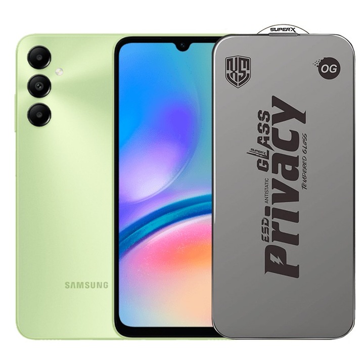 Folie de Protectie pentru Samsung Galaxy A05s, Flippy, Sticla Securizata ESD Antistatica, Super-X Privacy OG, Margini Negre, 0.30 mm, Transparent Inchis