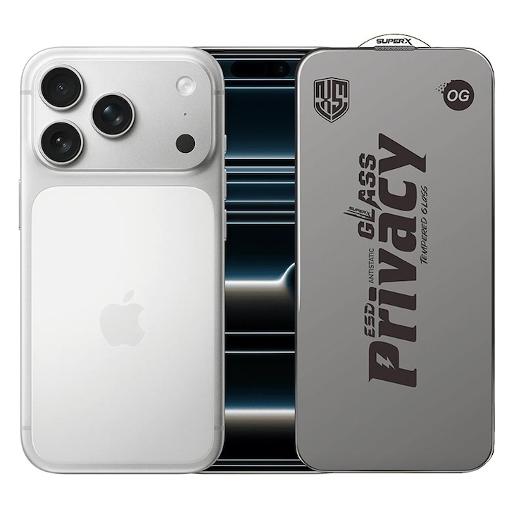 Folie de Protectie pentru Apple iPhone 17 Pro, Cyrax, Sticla Securizata ESD Antistatica, Super-X Privacy OG, Margini Negre, 0.30 mm, Transparent Inchis