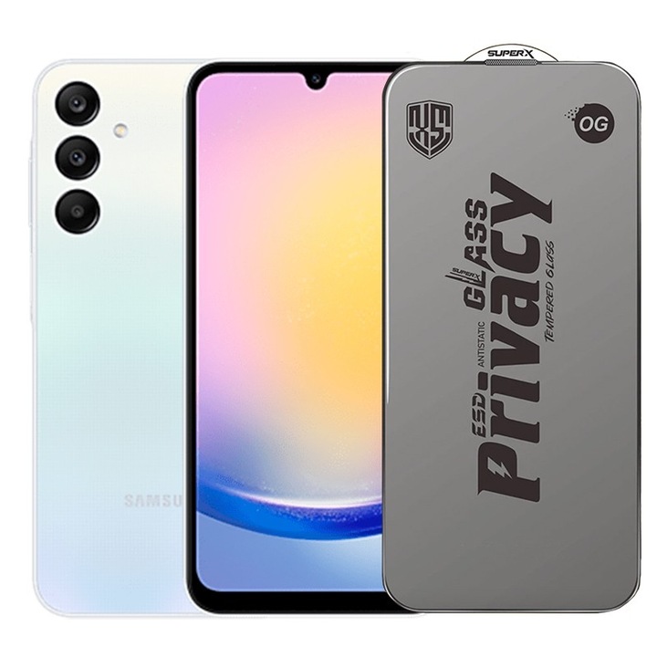 Folie de Protectie pentru Samsung Galaxy A25, Flippy, Sticla Securizata ESD Antistatica, Super-X Privacy OG, Margini Negre, 0.30 mm, Transparent Inchis