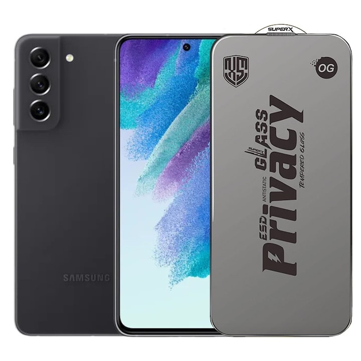 Folie de Protectie pentru Samsung Galaxy S21 FE, Flippy, Sticla Securizata ESD Antistatica, Super-X Privacy OG, Margini Negre, 0.30 mm, Transparent Inchis