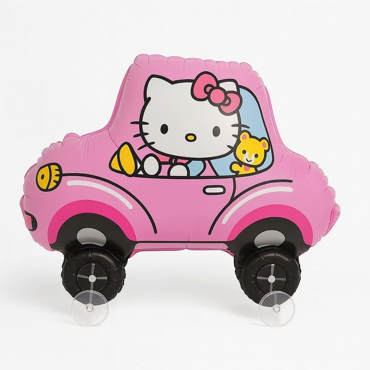 Balon folie masina roz cu pisicuta, figurina pe roti, reutilizabil, dimensiune 98 CM * 80 CM