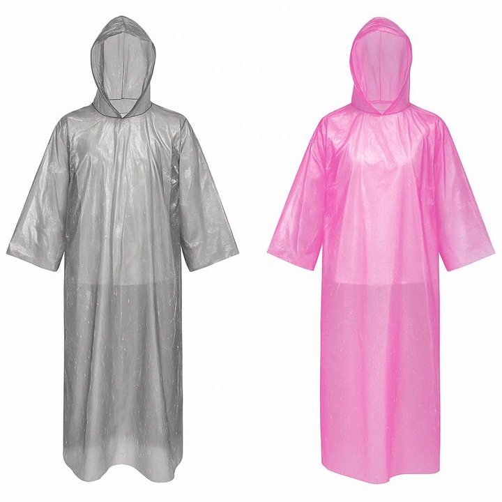 Унисекс Дъждобран с Качулка, Дълъг и Лек, Водоустойчив PE, За многократна употреба, Подходящ за Пътувания, Концерти или до Магазина – Сив/Розов