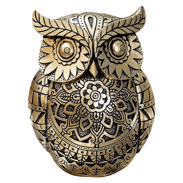 Figurina bufnita, polirasina, auriu, 10 x 10 x 13.6 cm