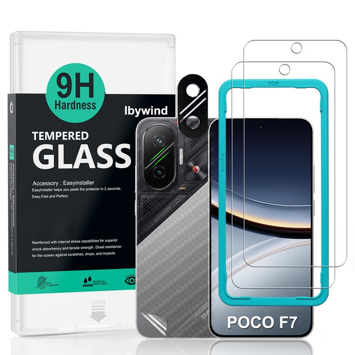 Folie protectie telefon Ibywind pentru Xiaomi Poco F7 5G, set 2 buc, sticla securizata 9H, transparent, cu protector lentila camera si kit instalare