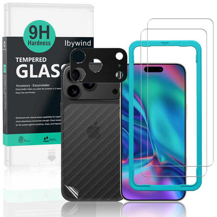 Folie protectie Ibywind pentru iPhone 17 Pro Max 5G, set 2 buc, sticla securizata 9H, transparent, cu protectie lentila metalica