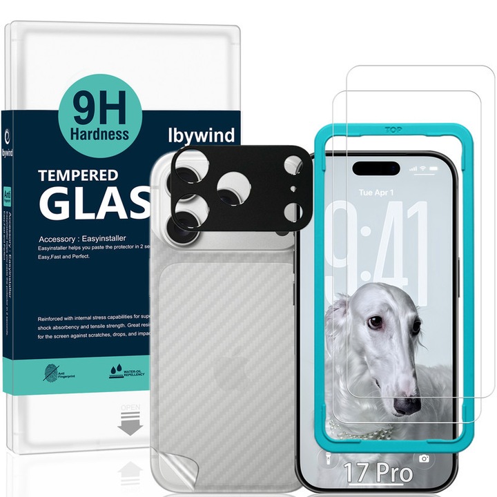 Protector de ecran Ibywind pentru iPhone 17 Pro 5G, 2 bucati sticla temperata cu duritate 9H, cu 1 bucata protector metalic pentru lentila camerei, 1 bucata protector pentru filmul din spate, kit de instalare usoara