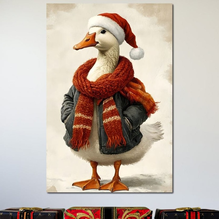 Tablou Canvas Premium, LuxCanva® D1073, Mos Rata, 100 X 150 CM, Panza Bumbac 100% 400g/m2, Sasiu, Lemn, Craciun, Caciula, Fular, Rosu, Geaca, Haios, Originalitate, Umor, Veselie, Pene, Plimbare, Ograda, Fashion, Copilarie, Camera Copil, Living, Dormitor